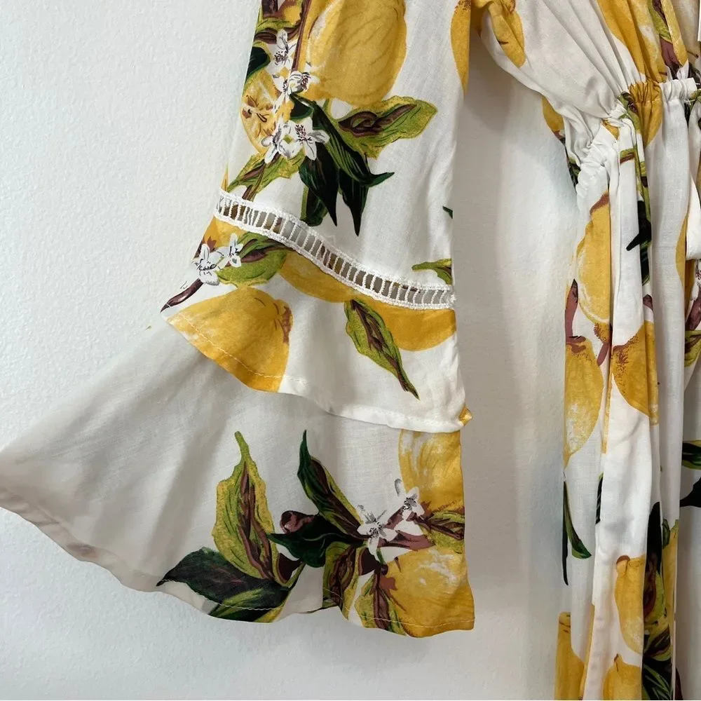 NWT Blue Island Lemon Print Bell Sleeve Swimsuit Coverup Dress Size Small